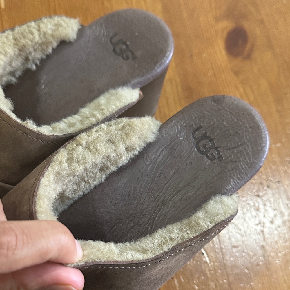 UGG Taupe Suede Shearling-Lined Clog Mules - Picture 12 of 15